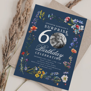 Wildblume Foto SURPRISE 60. Geburtstag Navy Blue Einladung