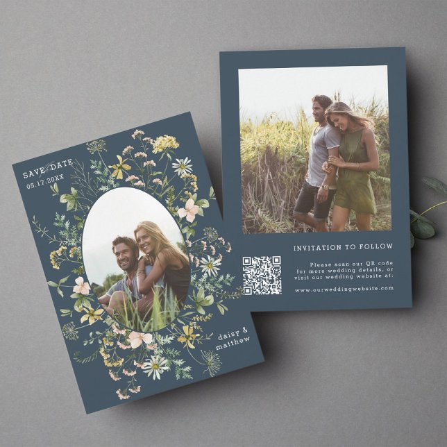 Wildblume Frame 2 Foto Hochzeit QR Code Navy Blue Save The Date (Von Creator hochgeladen)