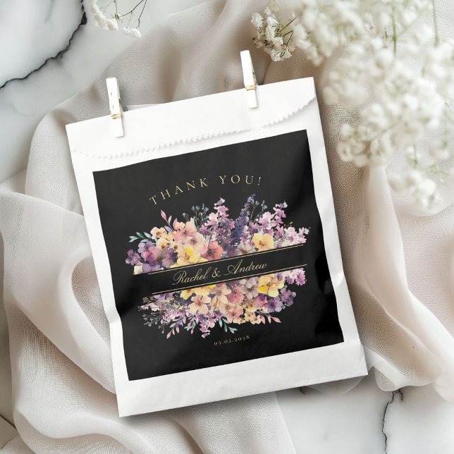 Wildblume, frisch, Handschrift, Hochzeit Geschenktütchen (Customer-Specific "Thank you!" Wedding Favor Bag with a wild-flower bouquet & scripted font.)