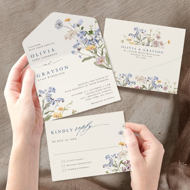 Wildblume Frühjahr All In One Einladung (Colorful Spring Wildflower Meadow Garden Wedding All In One Invitation)