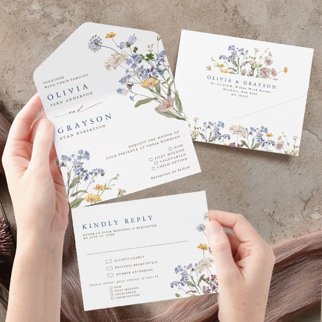 Wildblume Frühjahr All In One Einladung (Colorful Spring Wildflower Meadow Garden Wedding All In One Invitation)