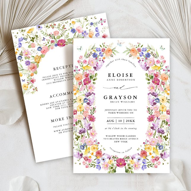 Wildblume Frühjahr Einladung (Colorful Spring Wildflower Meadow Garden all in one Wedding Invitation with details on back)