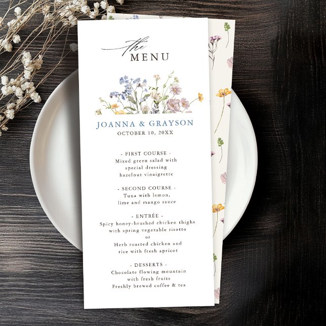 Wildblume Frühjahr Menükarte (Colorful Spring Wildflower Meadow Garden Wedding Menu)