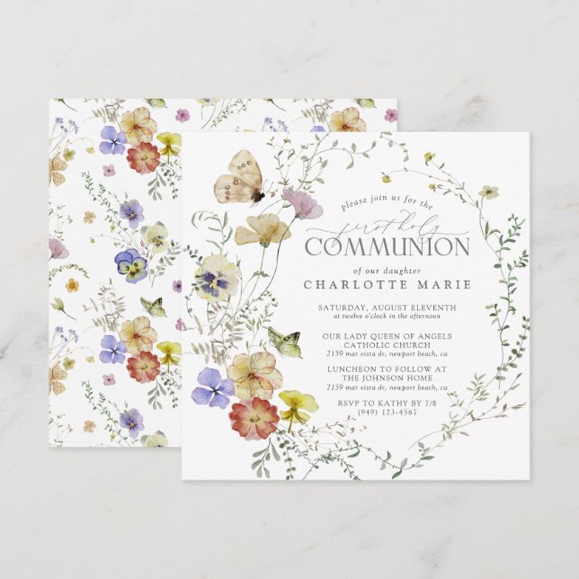 Wildblume Frühjahr Sommer Erste Heilige Kommune Einladung (Vorne/Hinten)