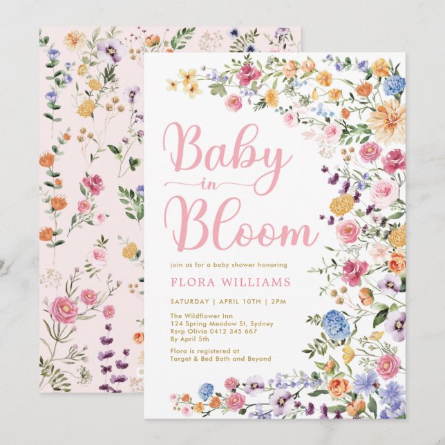 Wildblume Garden Baby in Bloom Baby Girl Dusche I Einladung (Vorne/Hinten)
