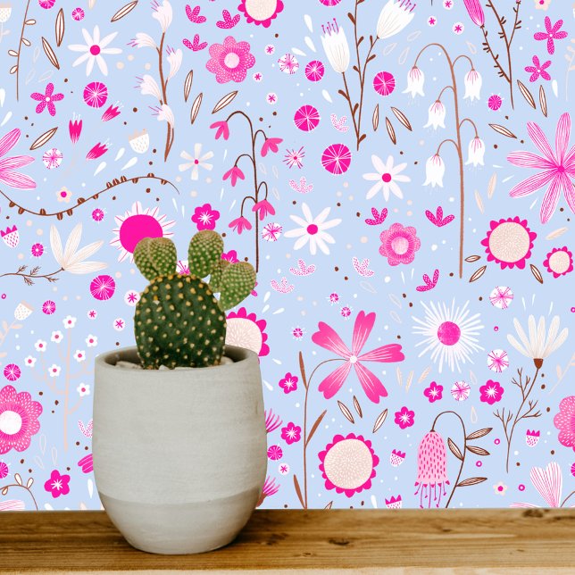 Wildblume Garden Blue Pink Floral Tapete (Pretty pink, blue and white wildflower art wallpaper)