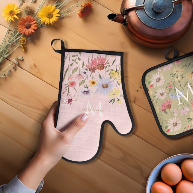 Wildblume Garden Blumenname Monogramm Ofenhandschuh & Topflappen-Set (Watercolor Wildflower Garden Floral Name Monogram Oven Mitt & Pot Holder Set)