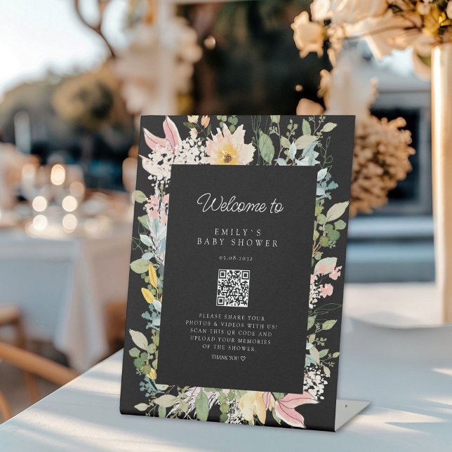 Wildblume Garden Charm Babydusche QR-Code Sockelschild (Custom Wildflower Garden Charm Baby Shower QR Code Pedestal Sign, for a Photo Gallery.)