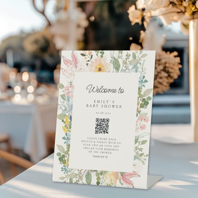 Wildblume Garden Charm Babydusche QR-Code Sockelschild (Custom Wildflower Garden Charm Baby Shower QR Code Pedestal Sign, for a Photo Gallery.)