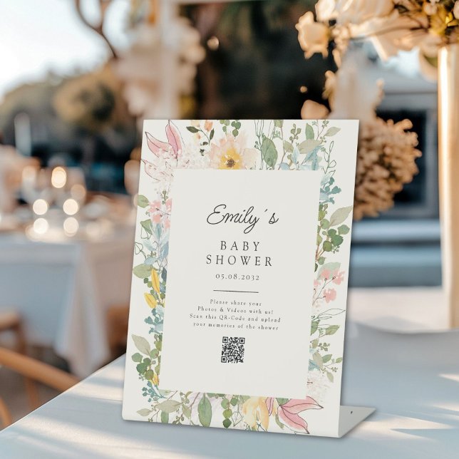 Wildblume Garden Charm Babydusche QR-Code Sockelschild (Custom Wildflower Garden Charm Baby Shower QR Code Pedestal Sign, for a Photo Gallery.)