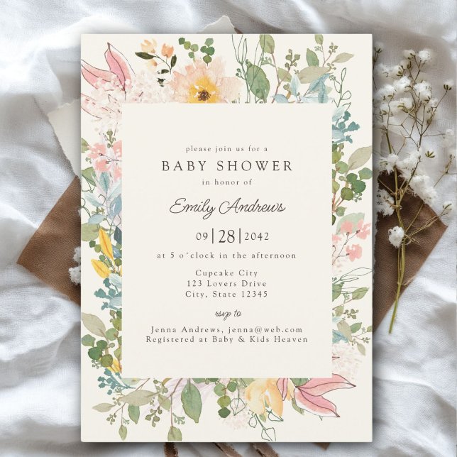 Wildblume Garden Charm | Babyparty Einladung (Wildflower Garden Charm | Baby Shower Beige - Pastel Invitation, Print & Download.)
