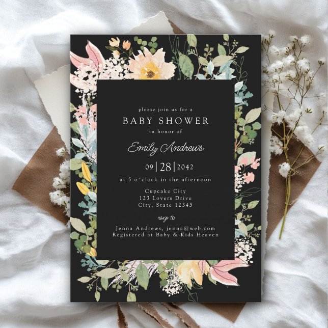 Wildblume Garden Charm | Babyparty Einladung (Wildflower Garden Charm | Baby Shower Black - White - Pastel Invitation, Print & Download.)
