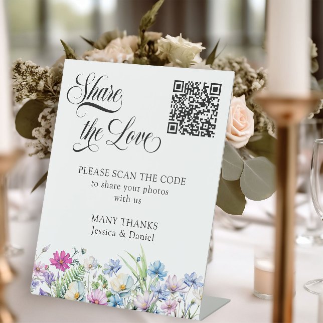 Wildblume Garden Floral Wedding Foto QR Code Sockelschild (Share the Love Photo Sharing Sign from Wildflower Garden Wedding Collection by Darling & May)