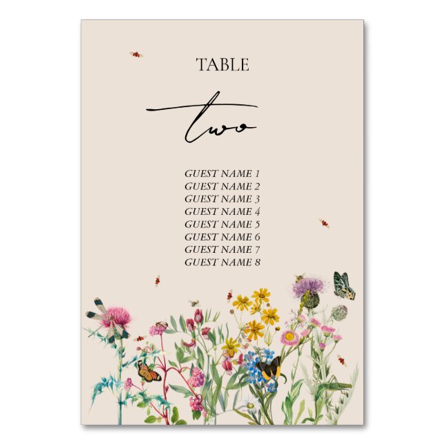 Wildblume Garden & Insekten Hochzeit Tischnummer (Vorderseite)