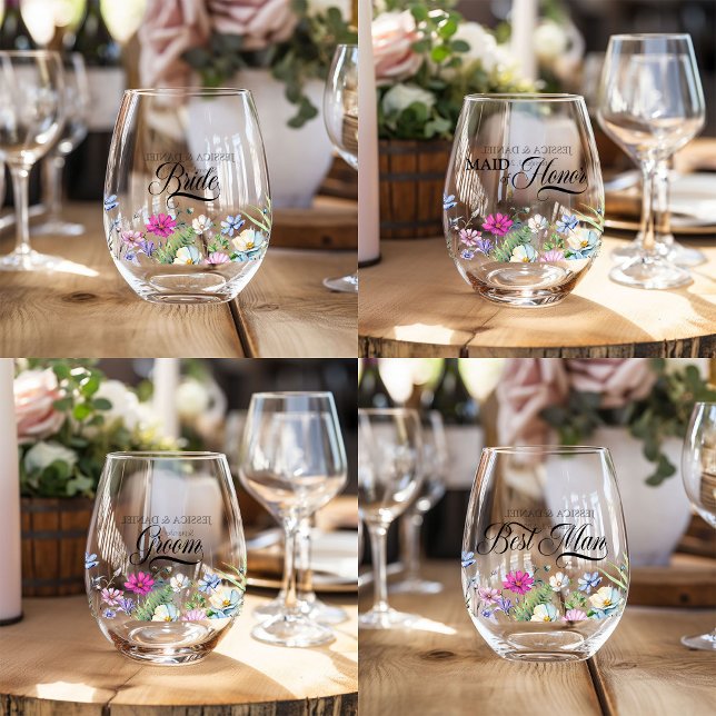 Wildblume Garden Top Table Hochzeit Weinglas Ohne Stiel (Bride, Maid of Honor, Groom and Best Man wine glasses from the Wildflower Garden Wedding Collection)