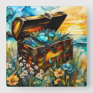 Wildblume Garten Schatztruhe Quadratische Wanduhr