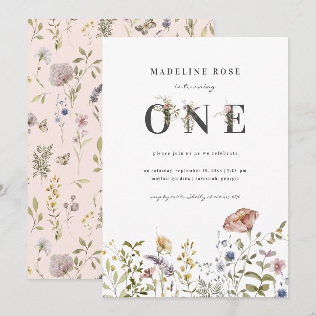 Wildblume Girl 1. Geburtstag Einladung (Vorne/Hinten)