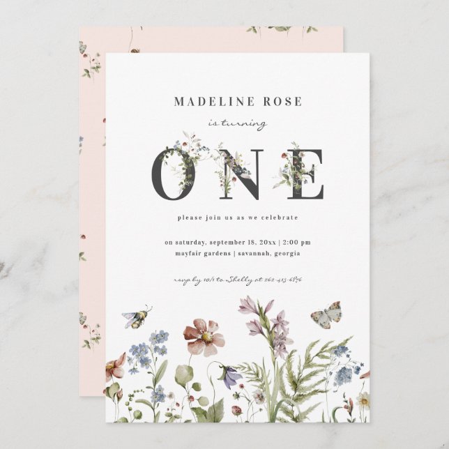 Wildblume Girl 1. Geburtstag Einladung (Vorne/Hinten)