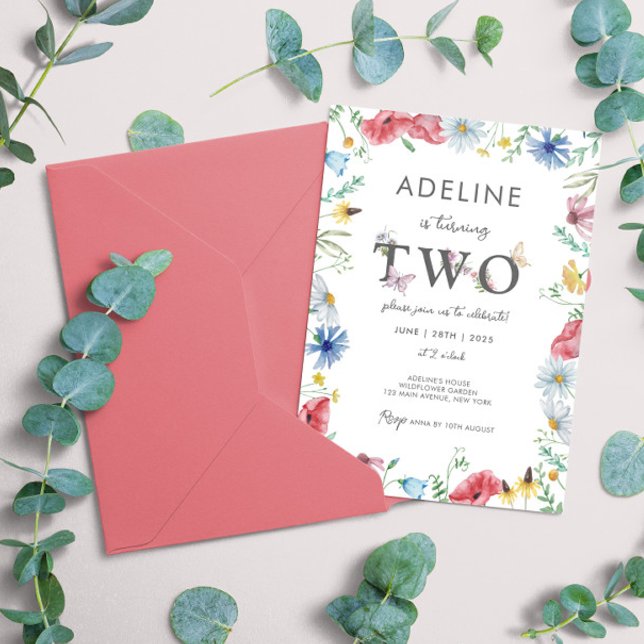 Wildblume Girl 2. Geburtstag Blumenschmetterling N Einladung (2nd Birthday invitation girl second birthday wildflower spring garden cute template instant download)