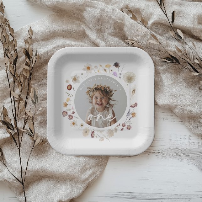 Wildblume Girl Foto 1. Geburtstag Pappteller (Zazzle Wildflower Girl Photo 1st Birthday Paper Plates)