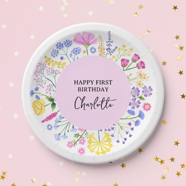 Wildblume Girls 1. Geburtstag Blumenreath Pappteller (Dainty Spring Wildflower Girl's First Birthday Paper Plates)