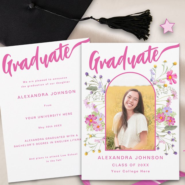 Wildblume Graduate Foto Arch Pink Script Ankündigung (Wildflower boho arch graduate photo hot pink script Graduation announcement card watercolor florals)