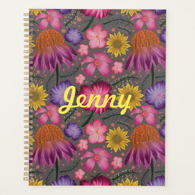 Wildblume Grau floral Personalisiert Planer (Vorderseite)