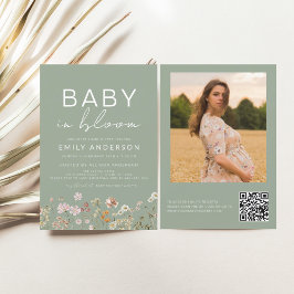 Wildblume Green QR Code Baby in Blütendusche Einladung