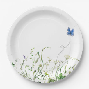 Wildblume-Grenze mit blauem Schmetterling Pappteller