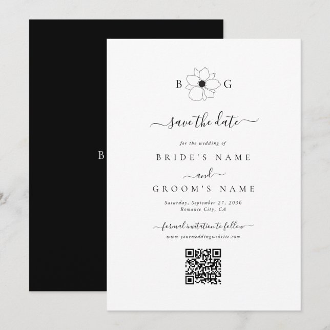 Wildblume handGezeichnet Monogramm Hochzeitcode QR Save The Date (Vorne/Hinten)