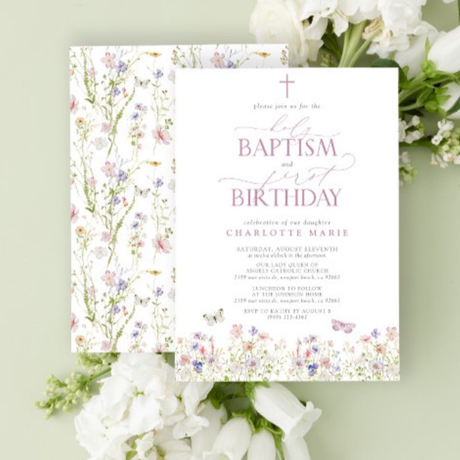 Wildblume Heilige Taufe & 1. Geburtstag Pink Scrip Einladung (Easily personalize this baptism and first birthday invite with your personal details.)