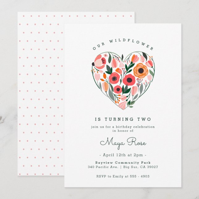 Wildblume Herz Geburtstag Einladung (Vorne/Hinten)