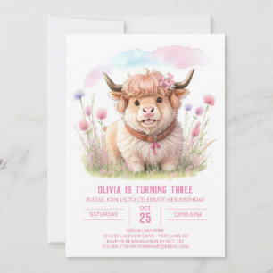 Wildblume Highland Cow Bliss Girl Geburtstag Einladung