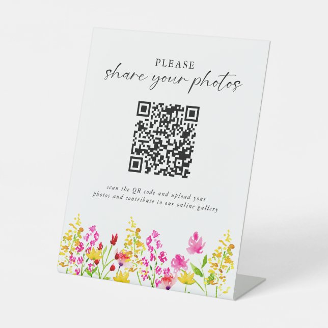 Wildblume Hochzeit florales Elegantes Foto QR Code Sockelschild (Vorderseite)