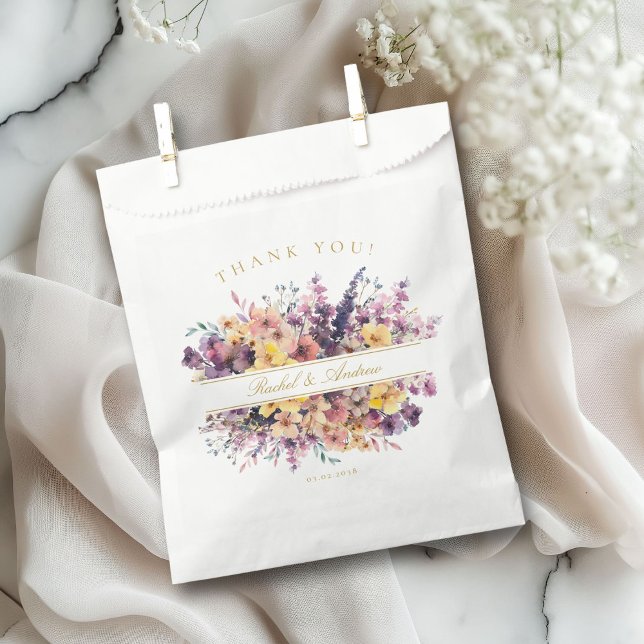 Wildblume Hochzeit Geschenktütchen (Customer-Specific "Thank you!" Wedding Favor Bag with a wild-flower bouquet & scripted font.)