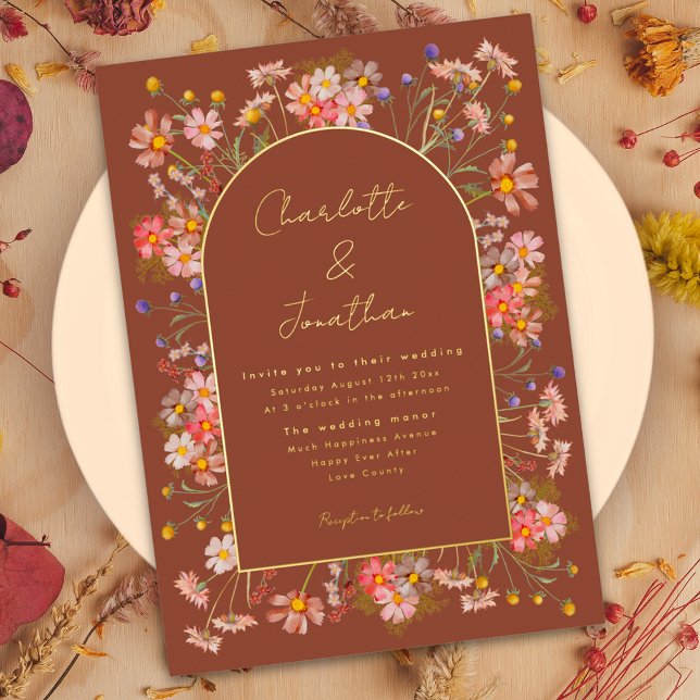 Wildblume Hochzeit im Herbst Burnt Orange Gold Folieneinladung (Wildflower arch burnt Orange terracotta gold foil wedding invitation )