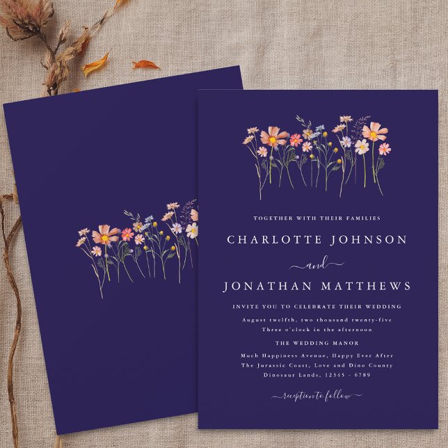 Wildblume Hochzeit im Herbst Navy Blue Terracotta  Einladung (Boho fall simple Wildflower floral navy blue terracotta blush pink Wedding invitation)