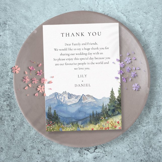 Wildblume Hochzeit im Wasserfarbengebirge Vielen D Platzkarte (Watercolor Mountain Wildflower Wedding Thank You Place Card)