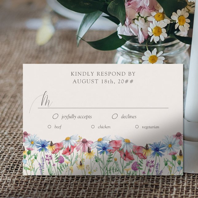 Wildblume Hochzeit Land Blume Entwürfe Optionen RSVP Karte (Wedding Reception RSVP with editable meal options and wildflower border. )