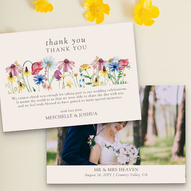 Wildblume Hochzeit Land Blumenkohl Foto Dankeskarte (Wedding Photo thank you card from my Wildflower Charm weddding collection)