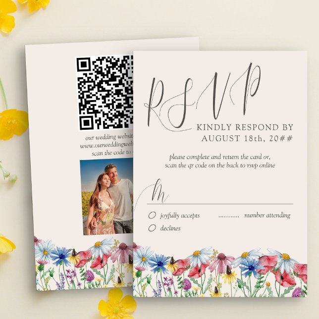 Wildblume Hochzeit rustikales Foto und QR Code UAW RSVP Karte (Wildflower Wedding RSVP card with custom photo, qr code and traditional response form )