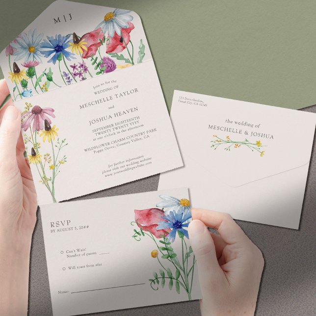 Wildblume Hochzeit Rustikales Land Wilde Blume All In One Einladung (Wedding Invitation with RSVP on tear-away section)