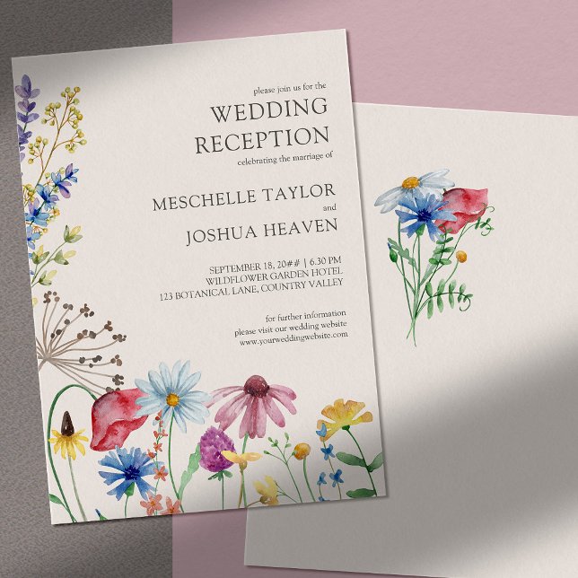 Wildblume Hochzeitsempfang nur Land Blumenstrauß Einladung (Reception only wedding invitation with natural border of watercolor wildflowers)