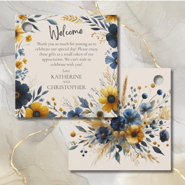 Wildblume Hochzeitsfeiern Begrüßungskorb Geschenkanhänger (Watercolor Floral Wedding Welcome Gift Tag for Gift Bag or Basket, with Blue and Gold Wildflowers.)