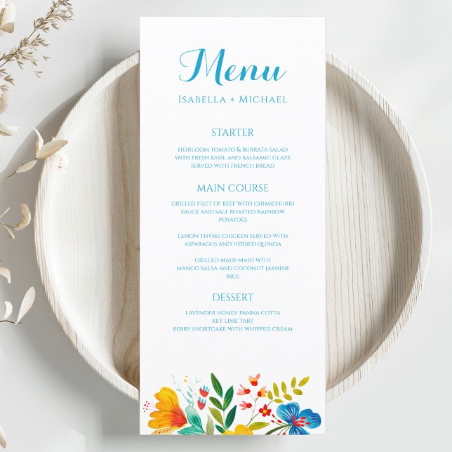 Wildblume Hochzeitsmenü mit farbenfrohen Wasserfar Menükarte (Colorful Floral Watercolor Wedding Menu on plate)