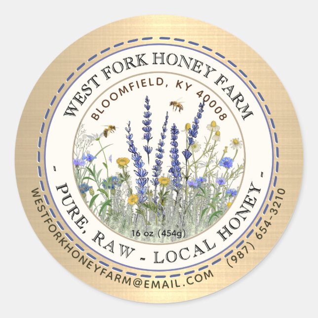 Wildblume Honey Label Bees and Dashed Border Gold Runder Aufkleber (Vorderseite)