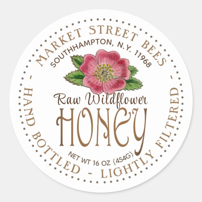 Wildblume Honey Label Wild Pink Rose Blume Runder Aufkleber (Vorderseite)