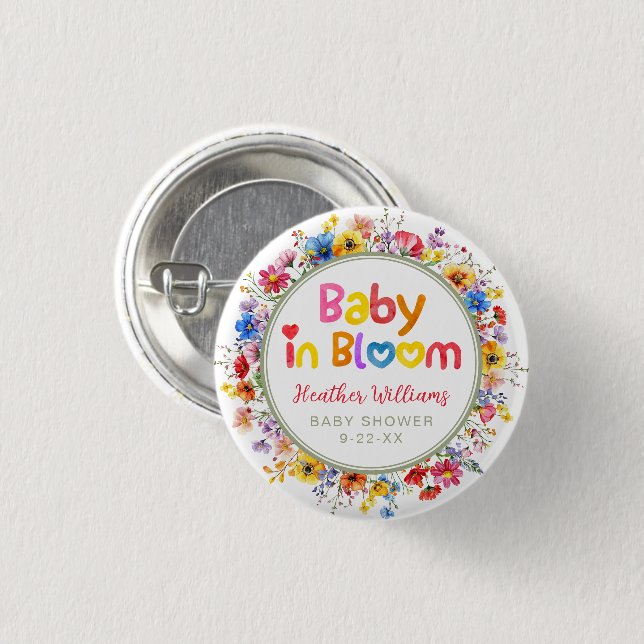 Wildblume im Aquarell Baby in Bloom Baby Dusche Button (Vorne & Hinten)