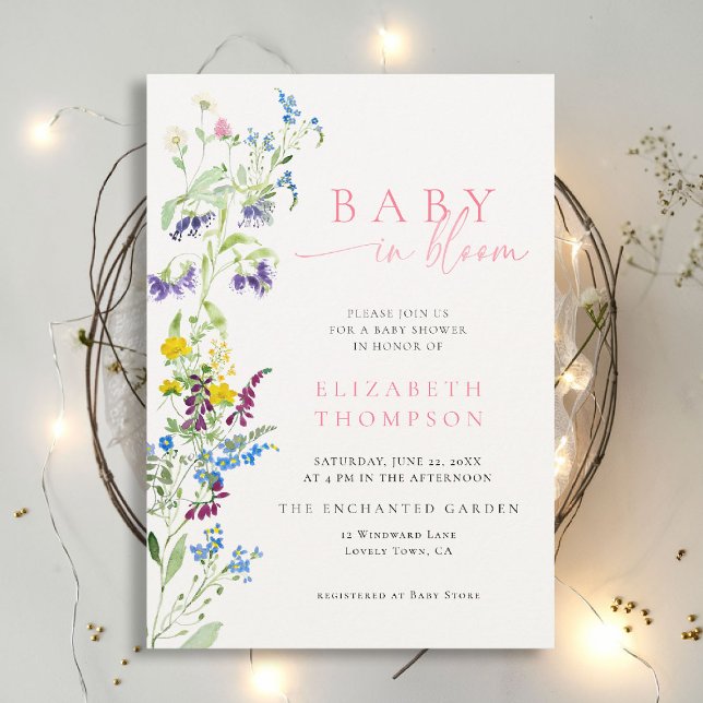 Wildblume im Bloom Garden Party Girl Babydusche Einladung (wildflowers baby shower invitation in bloom elegant pink garden party romantic watercolor calligraph)