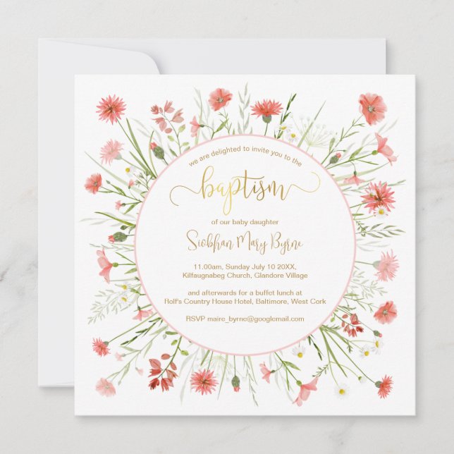 Wildblume Korallen Taufen Ankündigung Gold Schrift (Vorderseite)